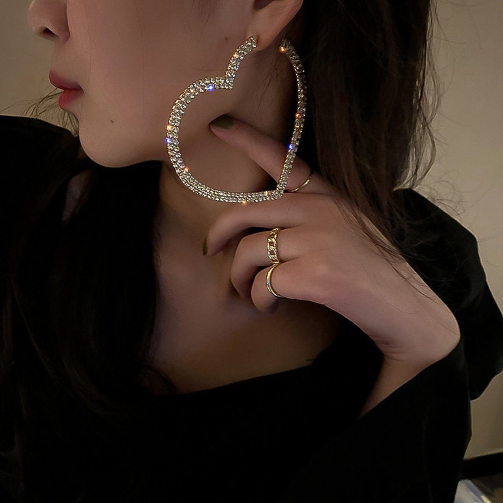 NEW Gold Round Diamond Heart Large Hoop Earrings - Picture 6 of 9